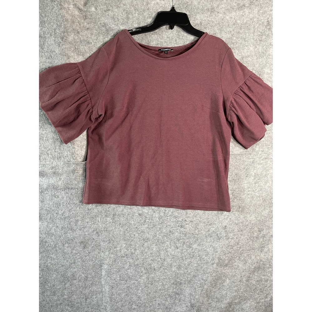 Express Womens Mauve Textured Puff Sleeve Blouse Top Size Large Round Neck Rose